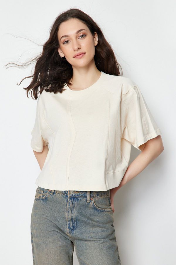 Trendyol Trendyol Stone 100% Cotton Cut Detailed Relaxed Crop Knitted T-Shirt