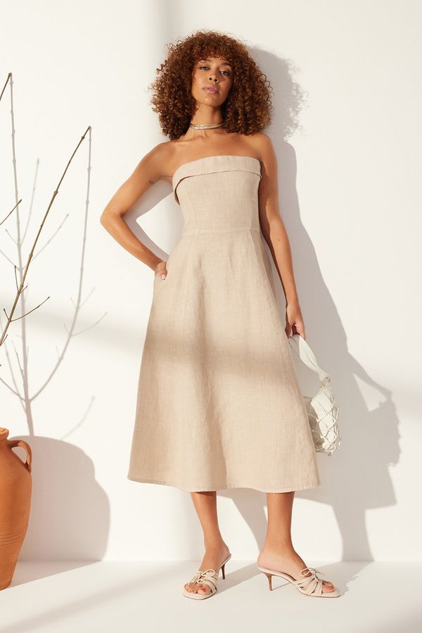 Trendyol Trendyol Stone 100% Linen Strapless Maxi Dress