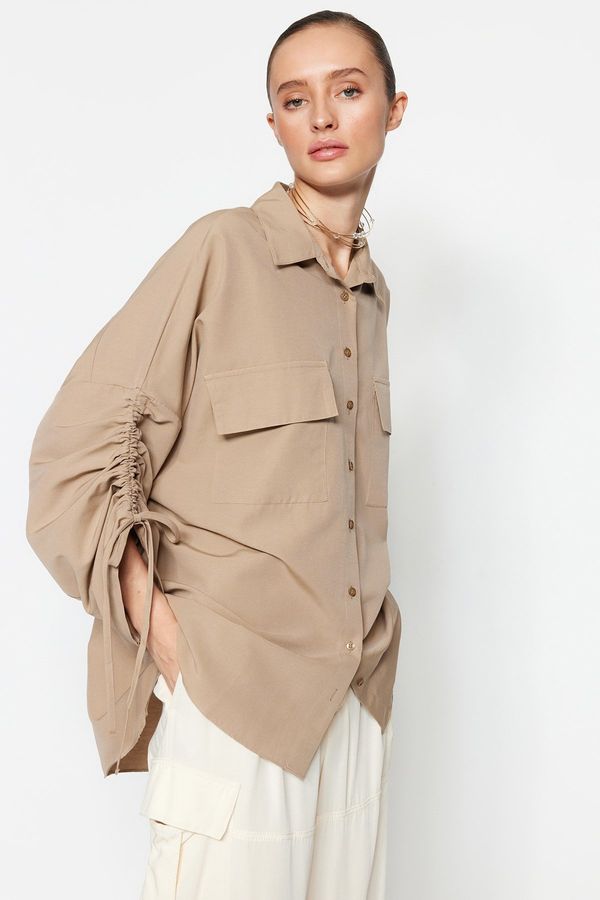 Trendyol Trendyol Stone Adjustable Sleeves, Shirring Detail Woven Cotton Shirt