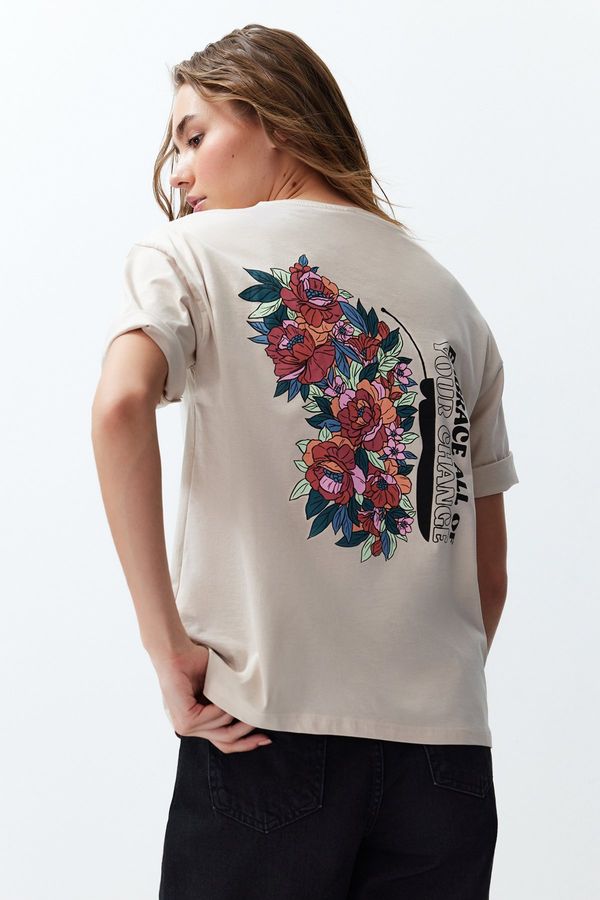 Trendyol Trendyol Stone Back Printed Relaxed Short Sleeve Knitted T-Shirt