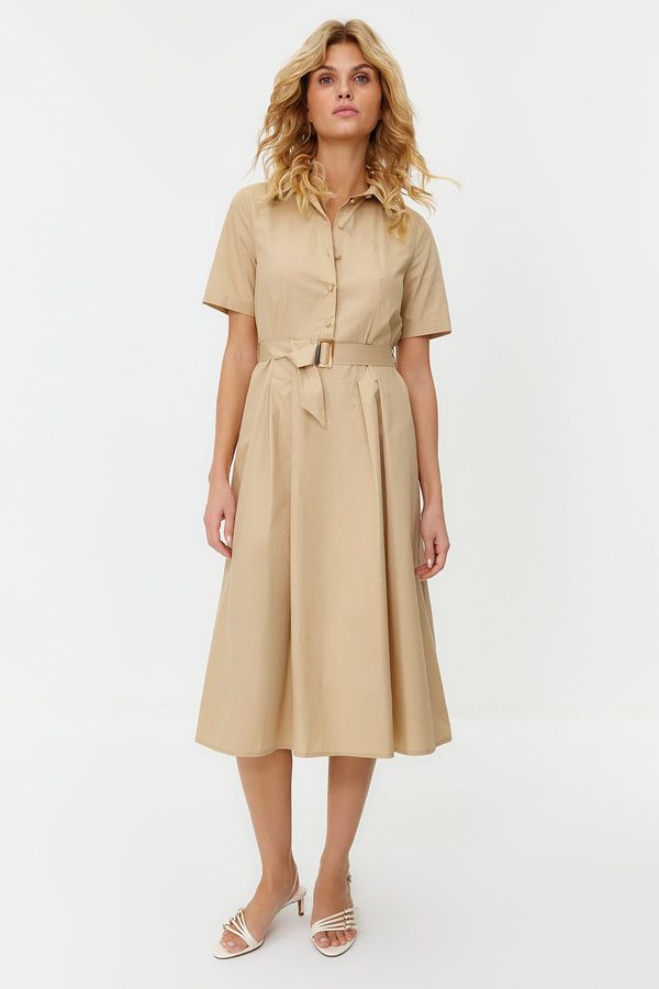 Trendyol Trendyol Stone Belted Pleated 100% Cotton Poplin Woven Dress