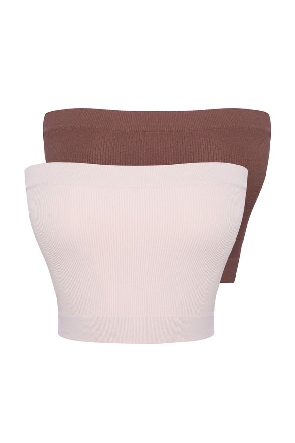 Trendyol Trendyol Stone-Brown 2-Pack Seamless/Seamless Ribbed Strapless Knitted Sports Bra