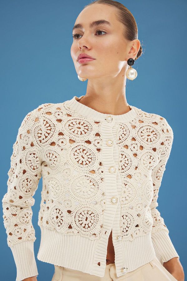Trendyol Trendyol Stone Crew Neck Openwork Knitted Cardigan
