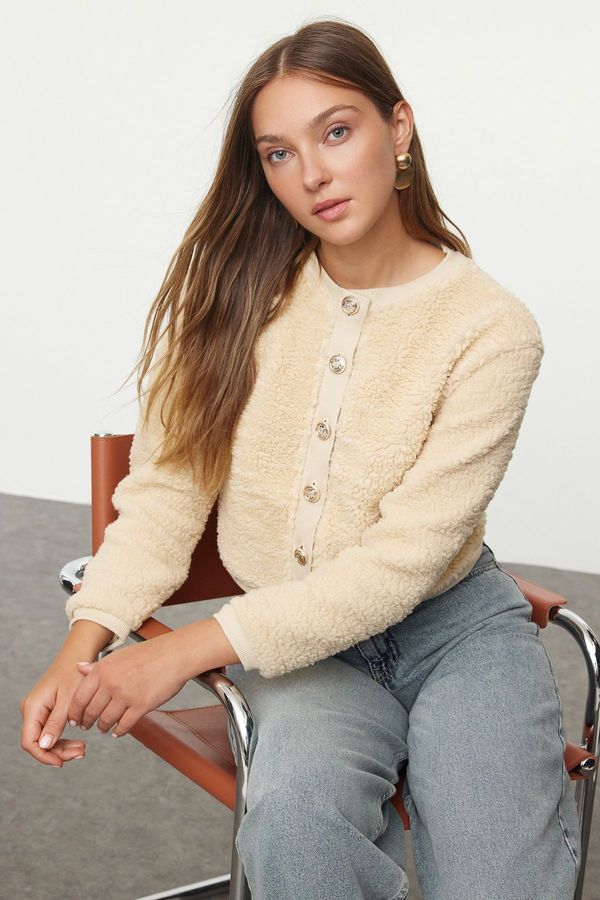 Trendyol Trendyol Stone Gold Buttoned Plush Crop Knitted Cardigan