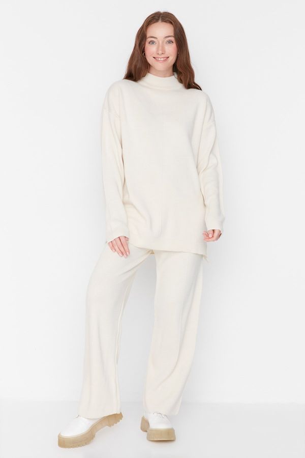 Trendyol Trendyol Stone Half Turtleneck Slit Detailed Sweater-Pants Knitwear Suit