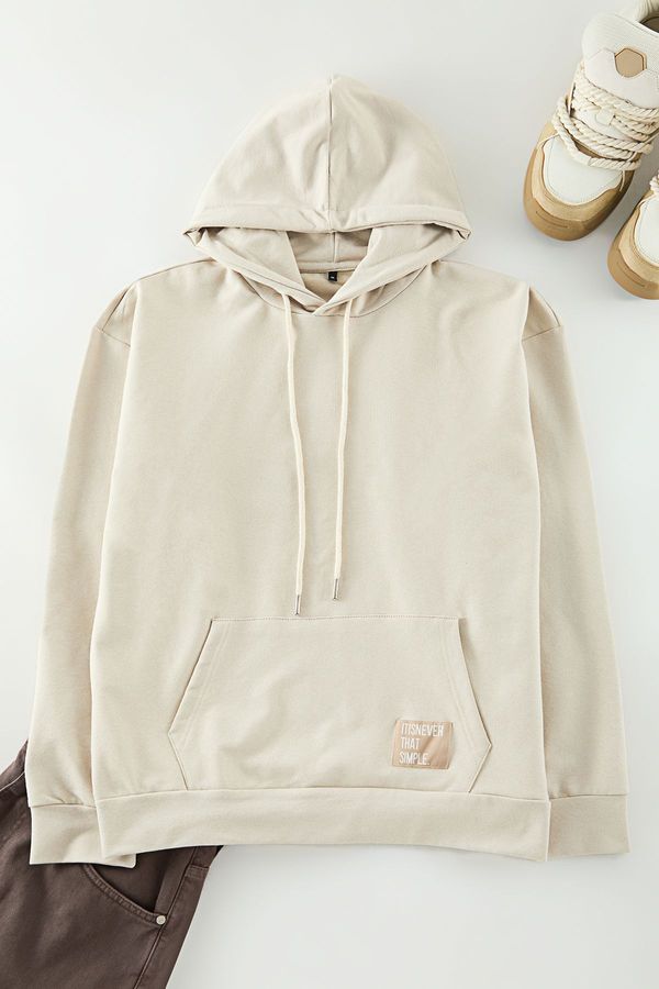 Trendyol Trendyol Stone Hooded Oversize/Wide Cut Long Sleeve Label Applique Basic Sweatshirt