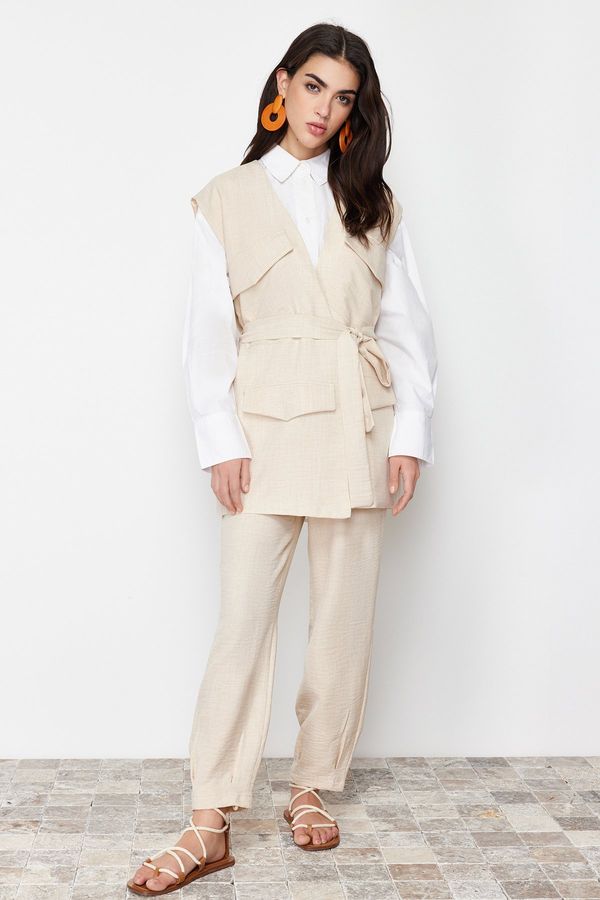 Trendyol Trendyol Stone Linen Look Vest Trousers Woven Bottom Top Suit