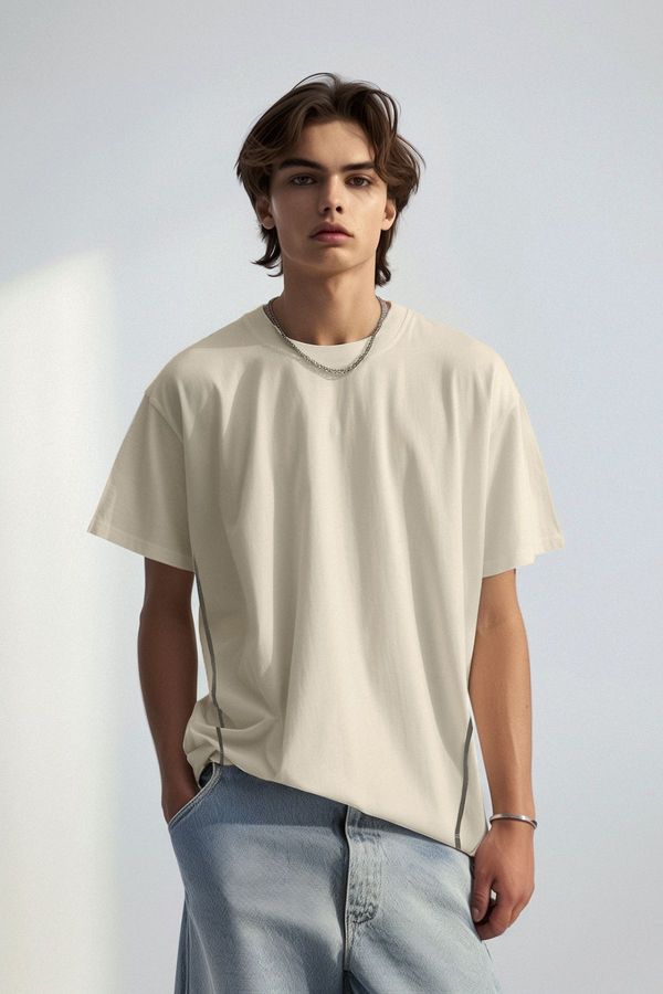 Trendyol Trendyol Stone Oversize/Wide Cut More Sustainable 100% Organic Cotton T-shirt with Contrast Piping