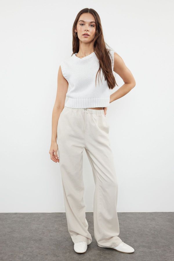 Trendyol Trendyol Stone Premium Waist Detailed Linen Blended High Waist Wide Leg Trousers