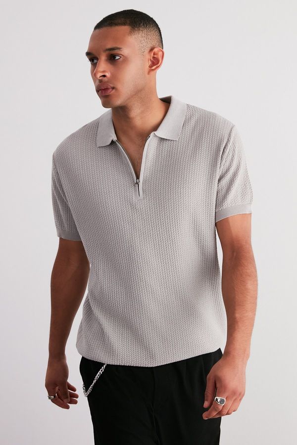 Trendyol Trendyol Stone Regular Fit Openwork Zippered Knitwear Polo Neck T-Shirt