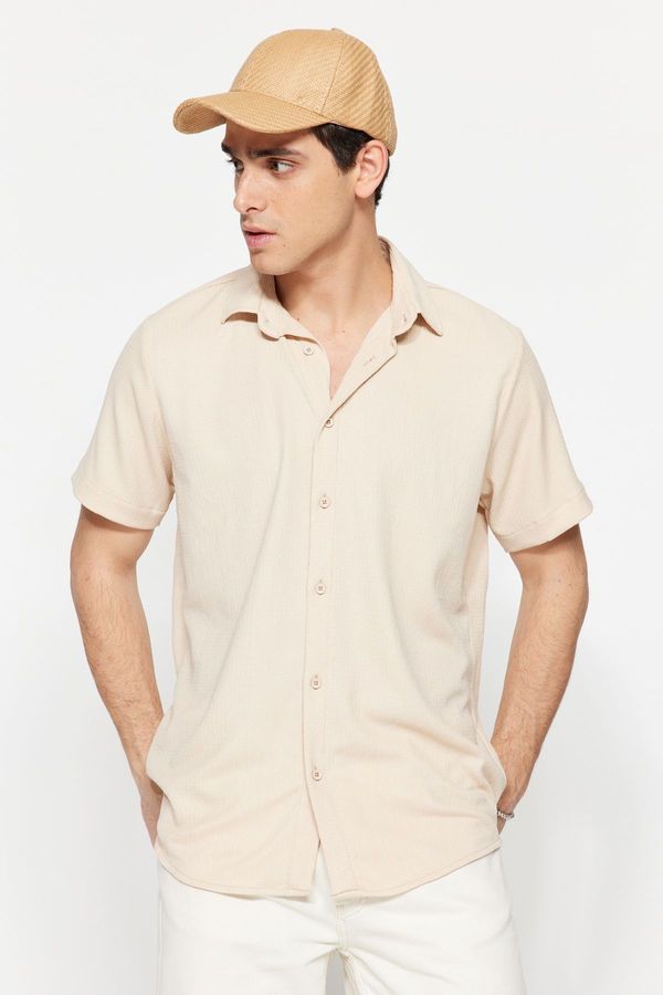 Trendyol Trendyol Stone Regular Fit Short Sleeve Summer Textured Crepe Knit Shirt