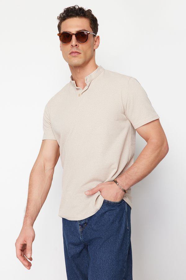 Trendyol Trendyol Stone Regular/Normal Cut Textured Judge Collar Buttoned T-shirt