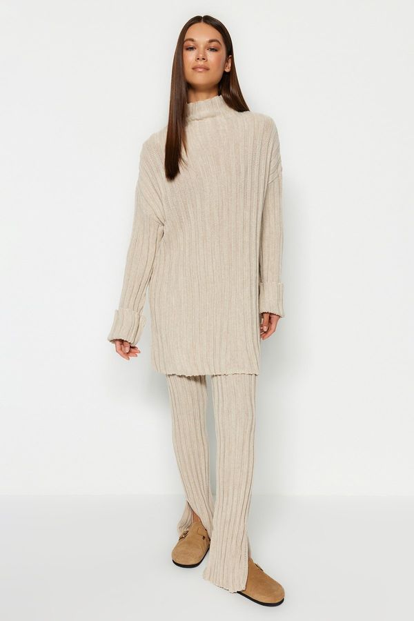 Trendyol Trendyol Stone Ribbed Basic Trousers Knitwear Two Piece Set