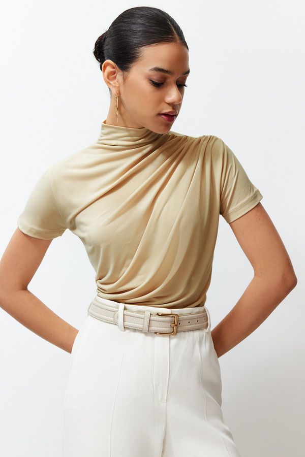 Trendyol Trendyol Stone Ruffle/Drape Detail Fitted/Fitted Short Sleeve Stand Collar Stretchy Knitted Blouse