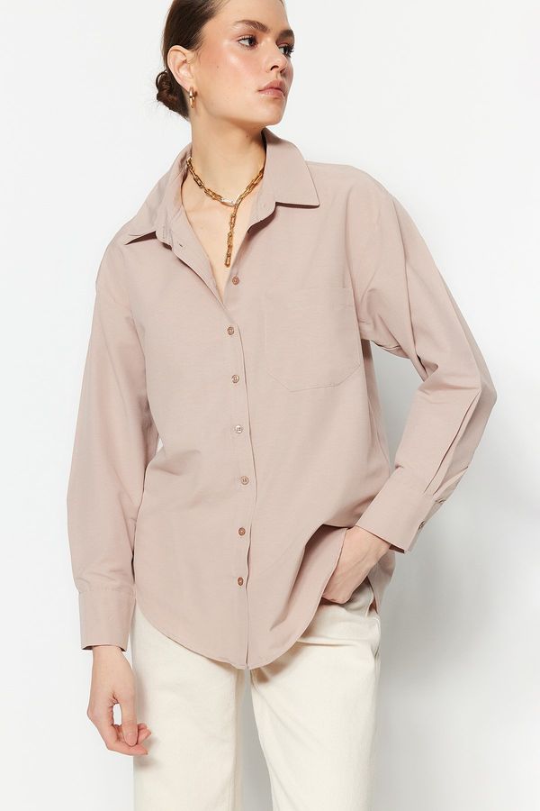 Trendyol Trendyol Stone Single Pocket Boyfriend/Wide Fit Cotton Woven Shirt