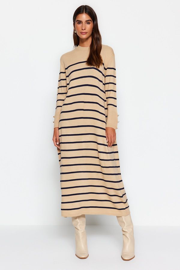 Trendyol Trendyol Stone Sleeves Button Detailed Striped Knitwear Dress