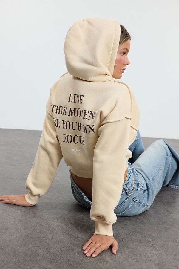 Trendyol Trendyol Stone Slogan Printed Oversize Crop Thick Inside Fleece Knitted Sweatshirt