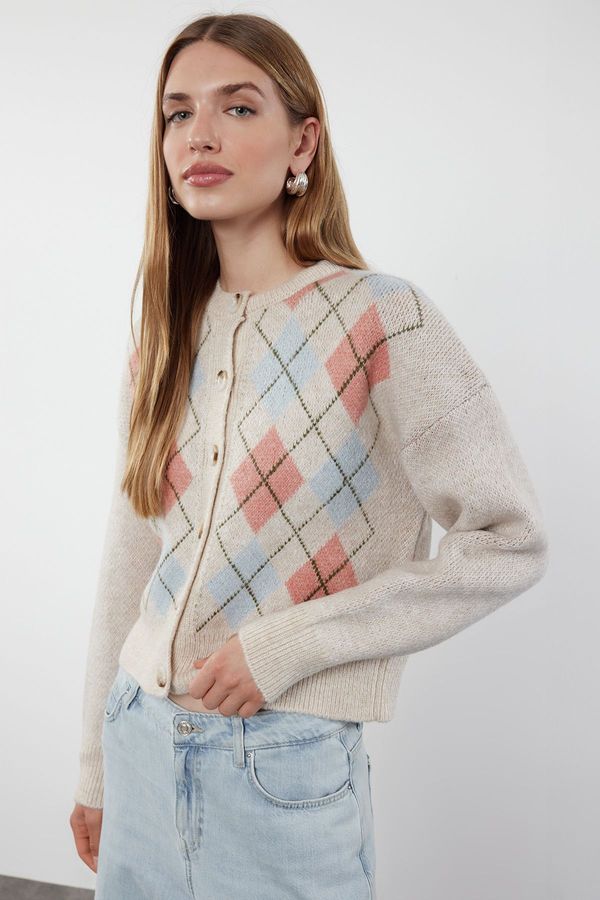 Trendyol Trendyol Stone Soft Textured Diamond Patterned Jacket-Looking Knitwear Cardigan