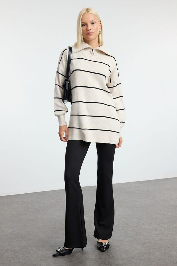 Trendyol Trendyol Stone Striped Turn-Down Collar Zipper Detailed Knitwear Sweater