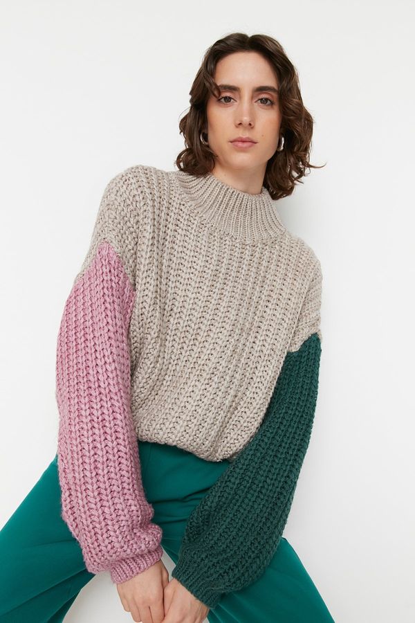Trendyol Trendyol Stone Wide fit mehak teksturiran barvni blok pletenina pulover