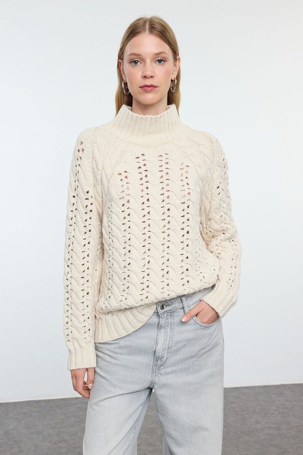 Trendyol Trendyol Stone Wide Pattern Openwork/Hole Stand Collar Knitwear Sweater