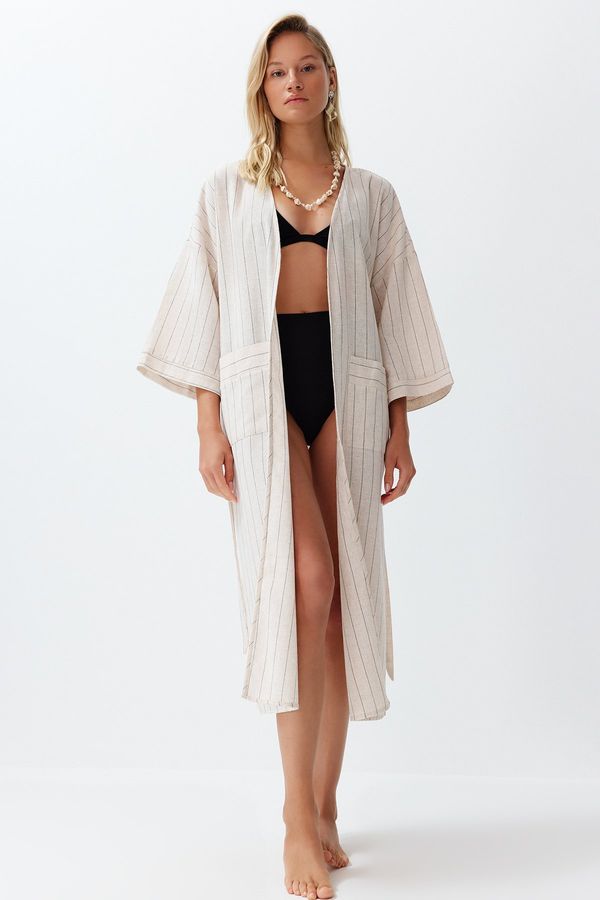 Trendyol Trendyol Striped Belted Maxi Woven Linen Blend Kimono & Kaftan