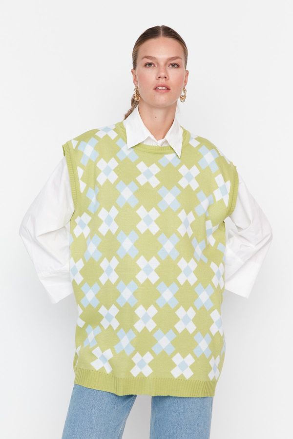 Trendyol Trendyol svetlo zelen pulover za pletenine s cvetličnimi pleteninami