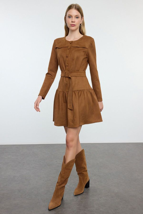 Trendyol Trendyol Tan Skater/Waist Open Pleated Skirt Suede Mini Woven Dress