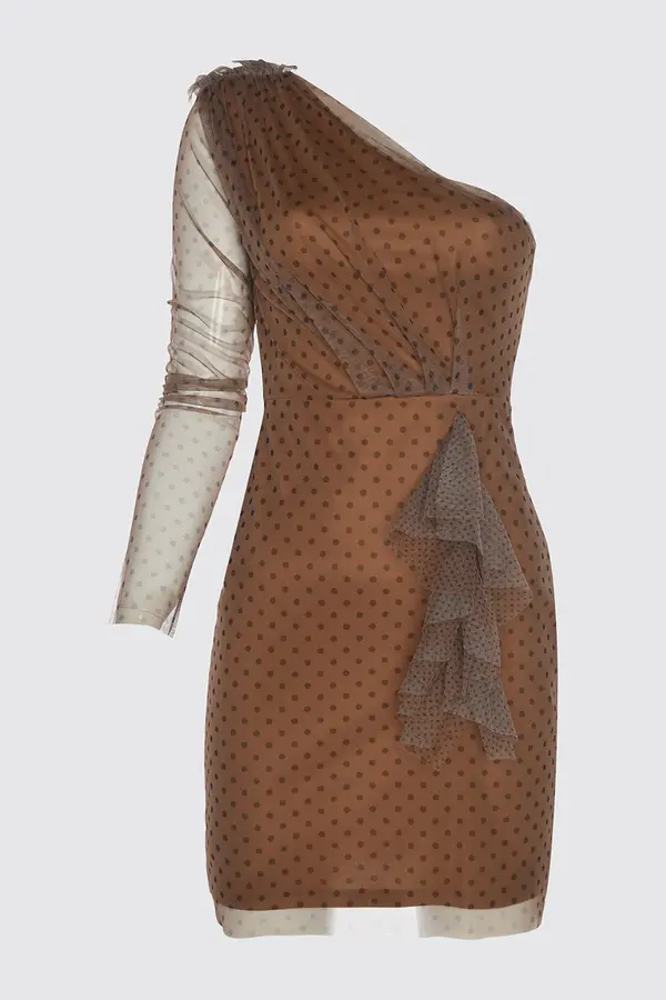 Trendyol Trendyol temno bež drape podrobno Polkaje Tulle obleka