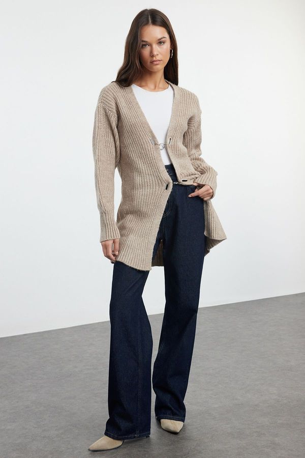 Trendyol Trendyol Thessaloniki Knitted Knitwear Cardigan with Beige Accessory Detail