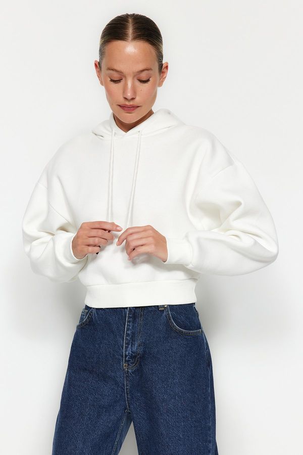 Trendyol Trendyol Thick Ecru, Fleece Inside, Hoodie. Relaxed-Cut Crop Basic Knitted Sweatshirt