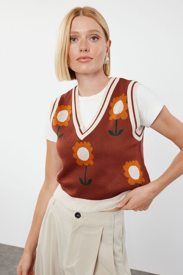 Trendyol Trendyol Tile V-neck Floral Patterned Knitwear Sweater