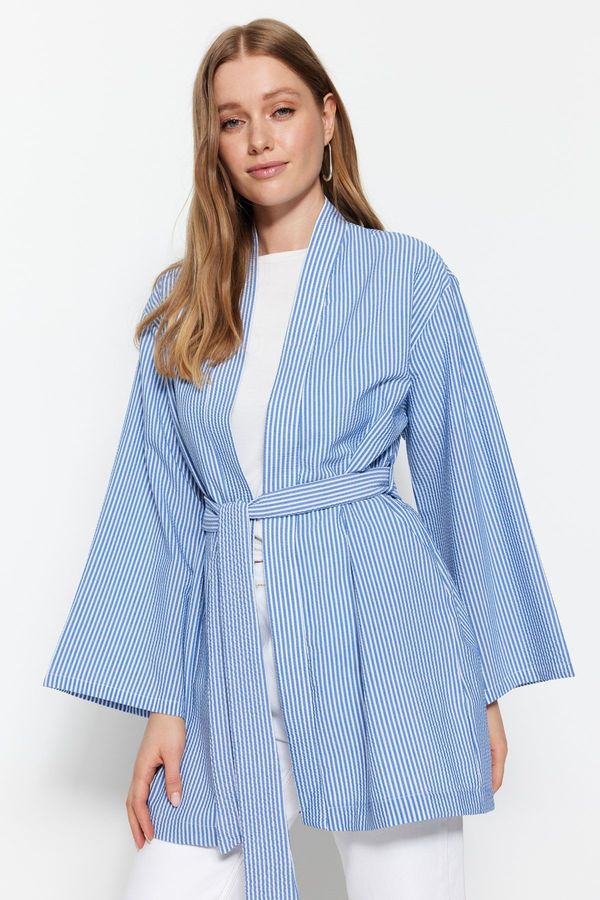 Trendyol Trendyol tkanje prozornega črtastega kimona in kaftana z modrim pasom