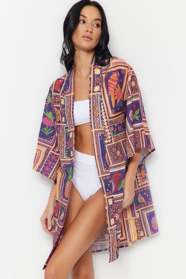 Trendyol Trendyol Tropical Pattern Mini Woven 100% Cotton Kimono & Kaftan