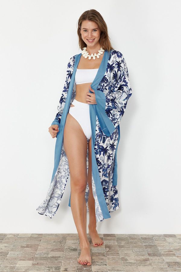 Trendyol Trendyol Tropical Patterned Belted Maxi Woven Kimono & Kaftan