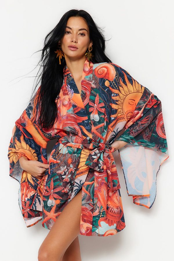 Trendyol Trendyol Tropical Patterned Belted Mini Woven Kimono & Caftan