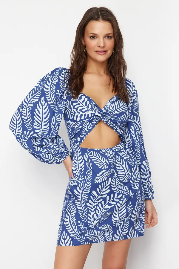 Trendyol Trendyol Tropical Patterned Mini Woven Cut Out/Window Beach Dress