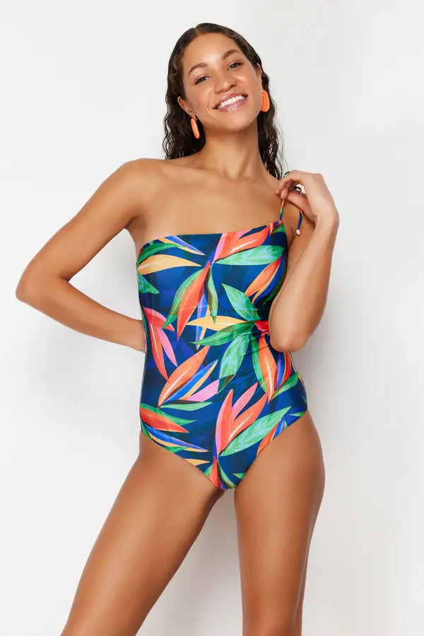 Trendyol Trendyol Tropical Patterned One-Shoulder Tie Regular Swimsuit