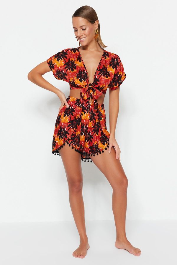 Trendyol Trendyol Tropical Patterned Woven Stripe Accessory Blouse Short Set