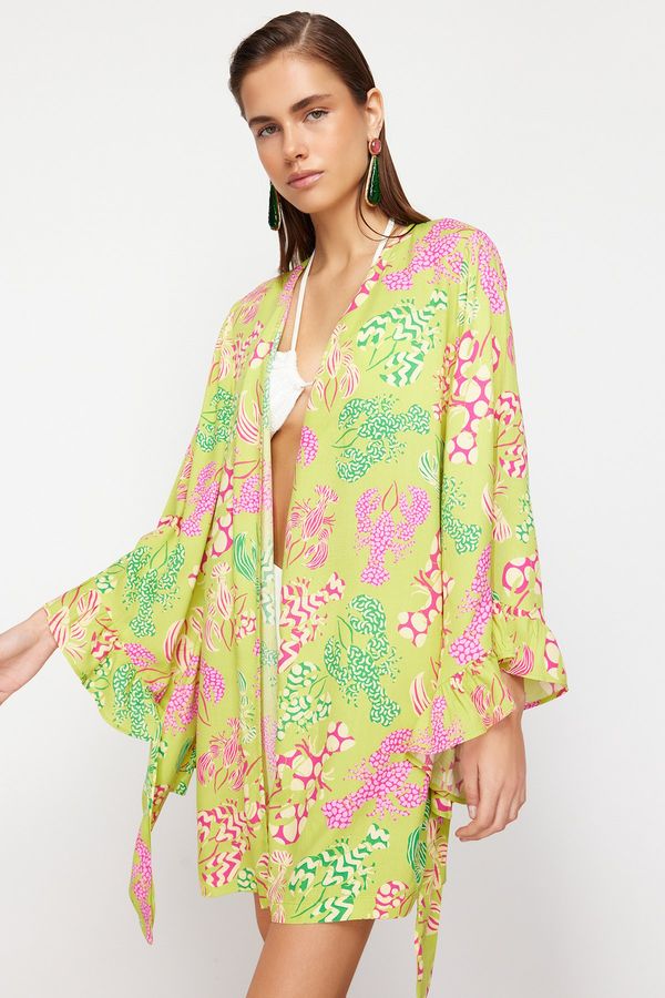 Trendyol Trendyol Underwater Patterned Belted Mini Woven Ruffled Kimono & Kaftan