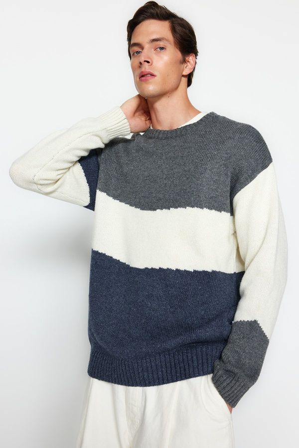 Trendyol Trendyol večbarvni moški preveliki prilegajo široko prilegajoč se pulover za pletenine z vratom posadke Color Block.