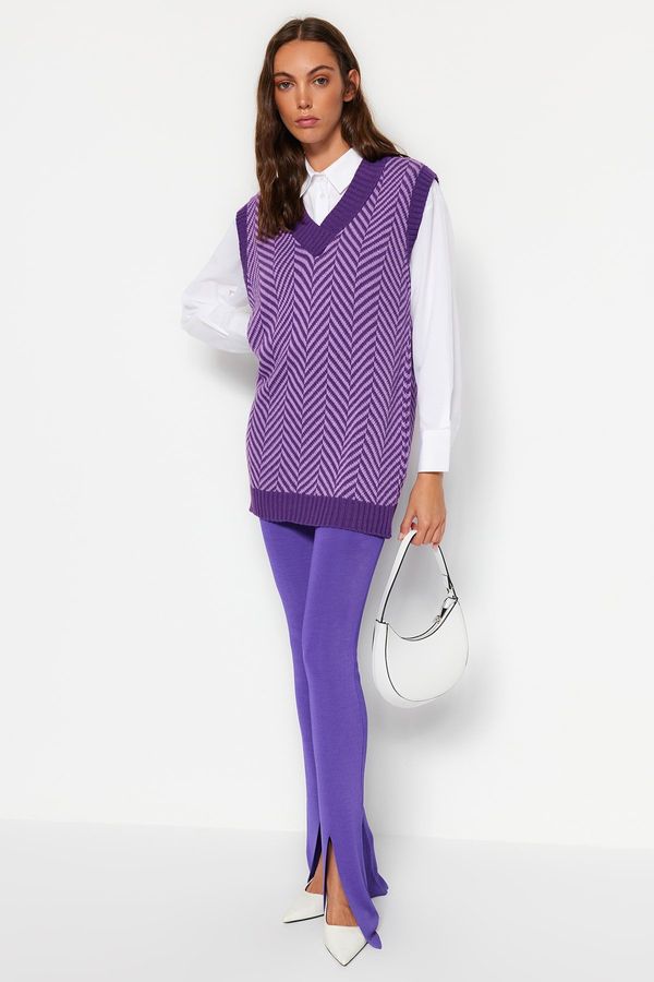 Trendyol Trendyol vijolični črtasti pulover za pletenine V-vratu