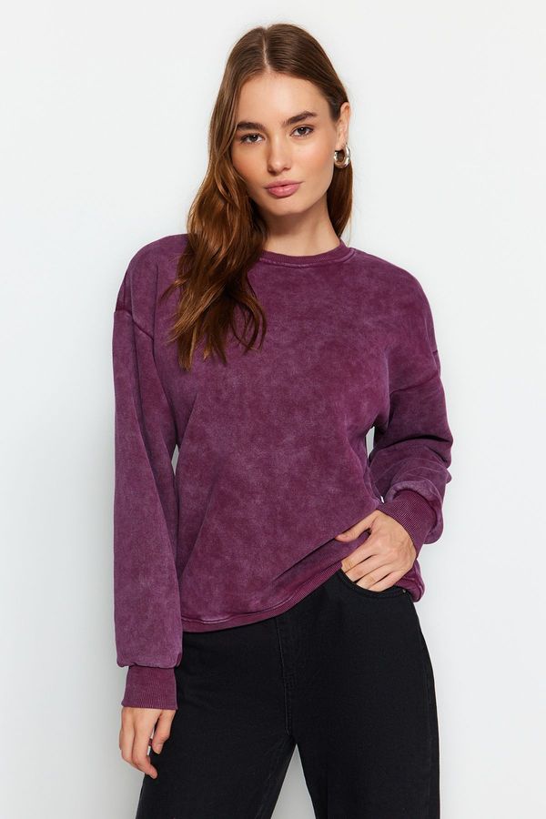 Trendyol Trendyol Violet Antiqued/Faded Effect Thicker Fleece Inside Oversized/Wide Knitted Sweatshirt