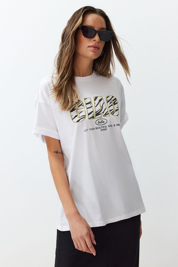 Trendyol Trendyol White 100% Cotton Animal Motto Printed Oversize/Wide Knitted T-Shirt