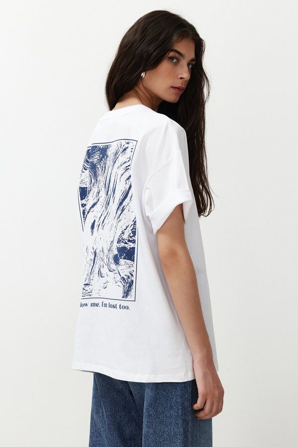 Trendyol Trendyol White 100% Cotton Back and Front Printed Oversize/Comfortable Fit Knitted T-Shirt