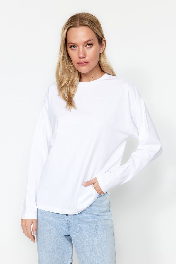 Trendyol Trendyol White 100% Cotton Basic Crew Neck Long Sleeve Regular Fit Knitted T-Shirt