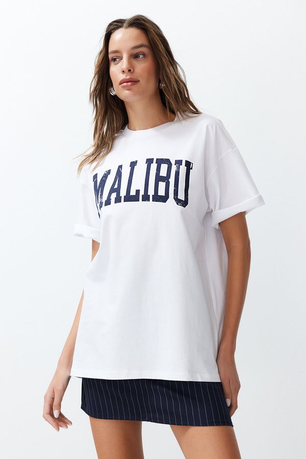 Trendyol Trendyol White 100% Cotton City Slogan Printed Oversize/Comfortable Fit Knitted T-Shirt