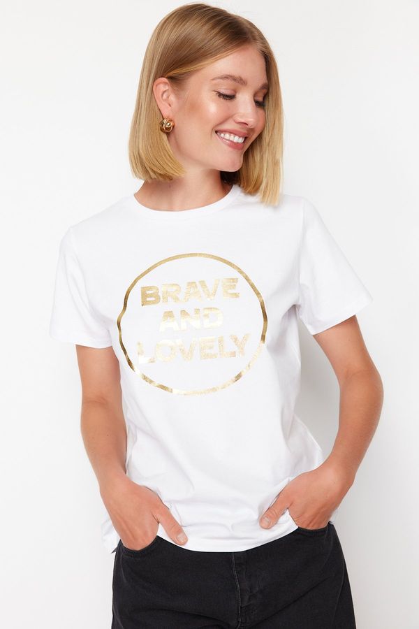 Trendyol Trendyol White 100% Cotton Foil/Glossy Printed Regular/Normal Pattern Knitted T-Shirt