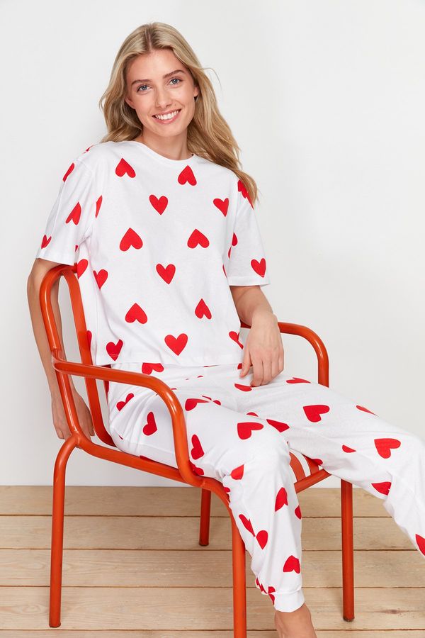 Trendyol Trendyol White 100% Cotton Heart Knitted Pajamas Set