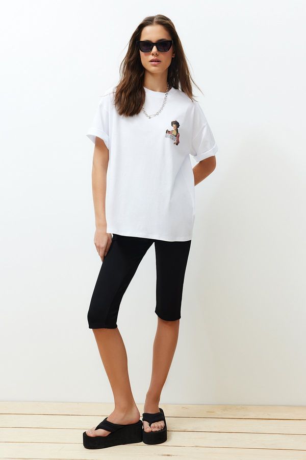 Trendyol Trendyol White 100% Cotton Oversize/Wide-Fit Back and Front Printed Knitted T-Shirt